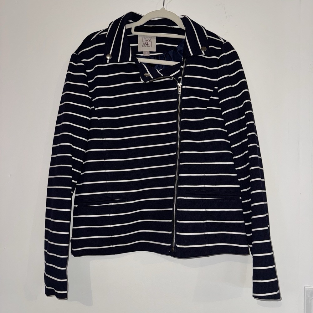 Roz & Ali Women M Moto Jacket Blue White Striped Lined Full Zip Blazer Nautical